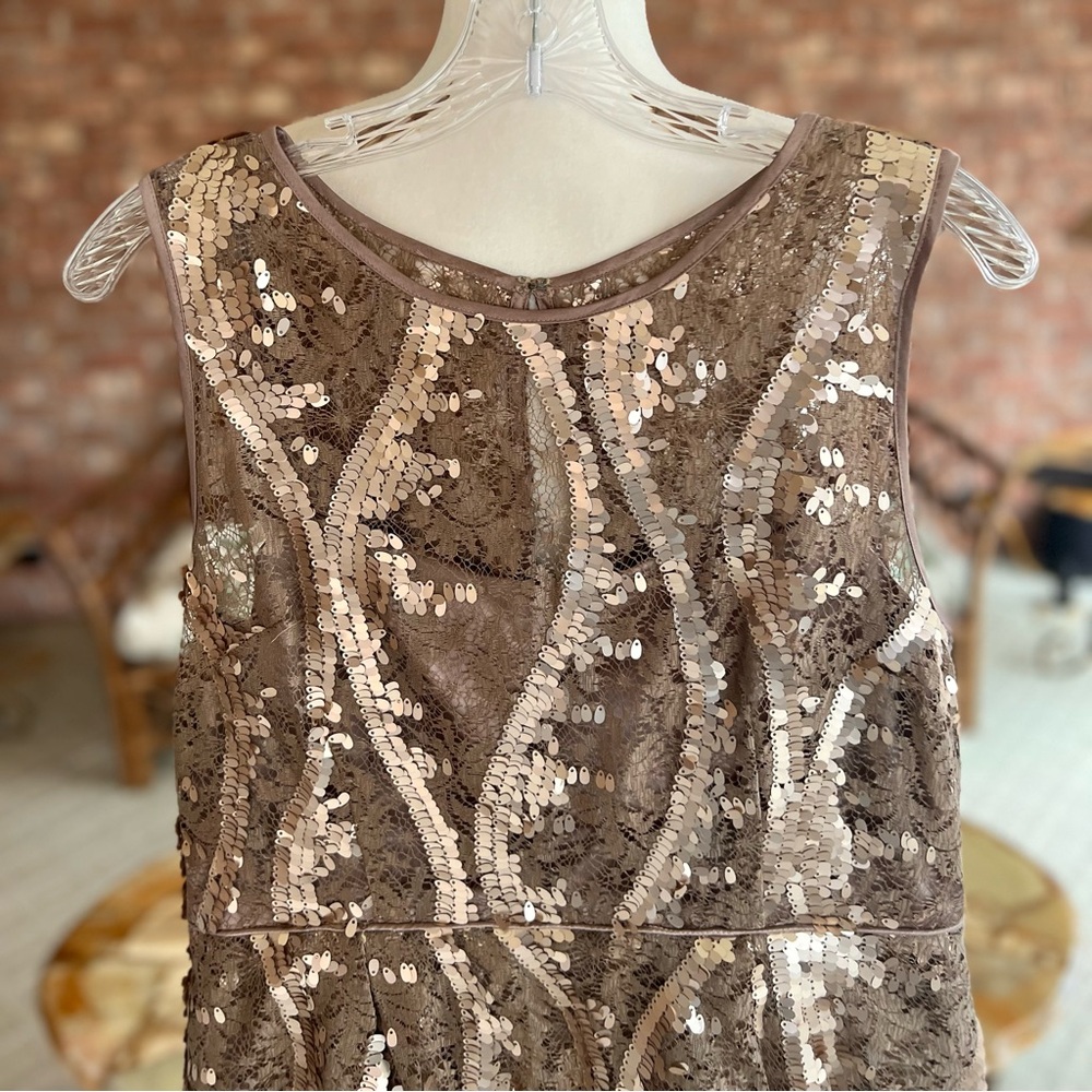 Adrianna Papell Taupe Champagne Lace Sequin Peplum Dress 14 Cocktail Glam - Picture 4 of 14